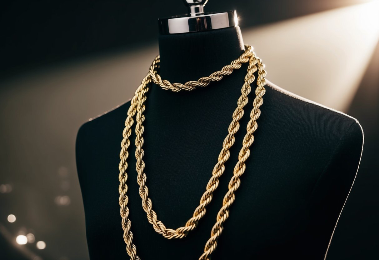 A gold rope chain draped over a sleek black mannequin, with a spotlight casting a dramatic shadow