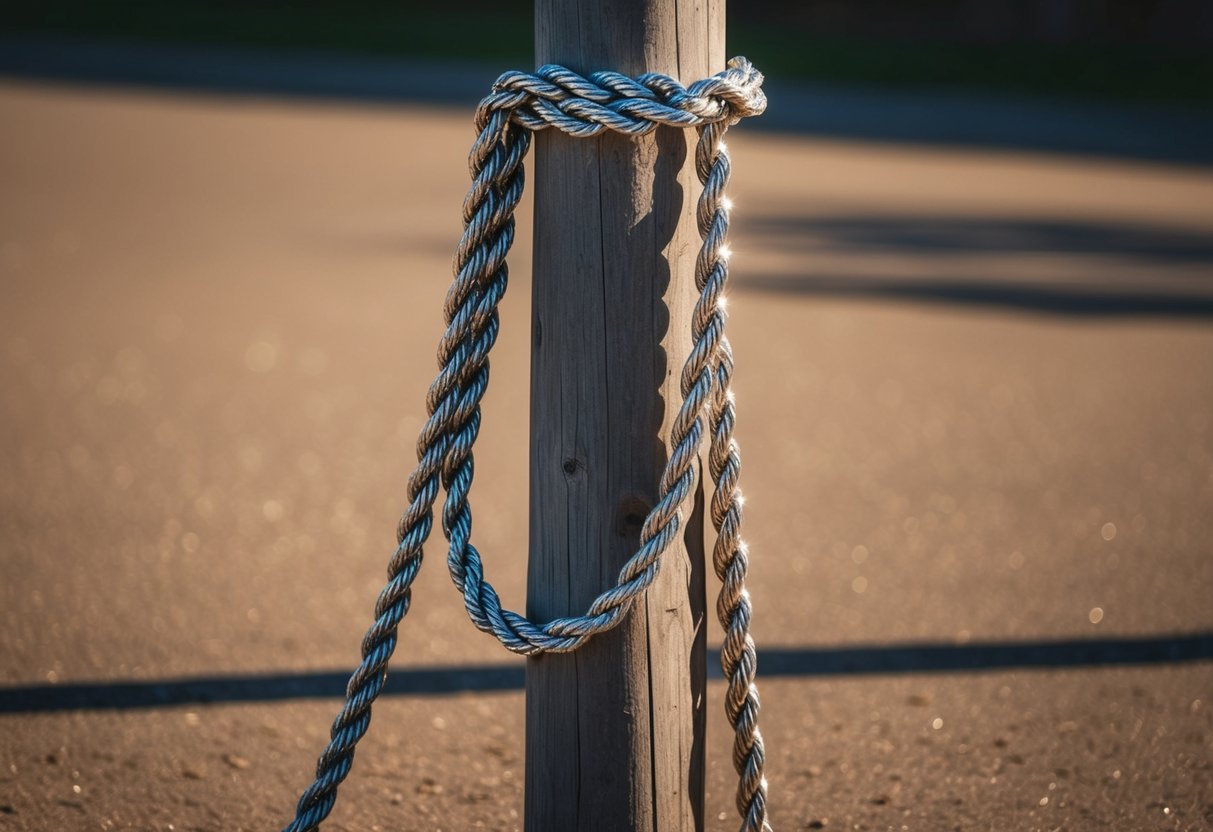 A gleaming rope chain hangs from a rustic wooden post, catching the sunlight and casting a shimmering shadow on the ground