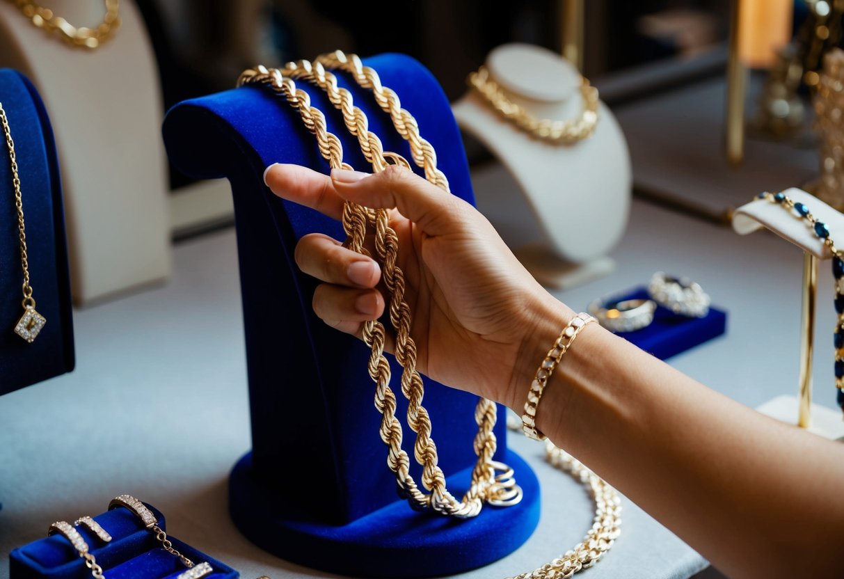 A hand reaches for a shiny rope chain displayed on a velvet-lined jewelry stand, surrounded by other elegant accessories