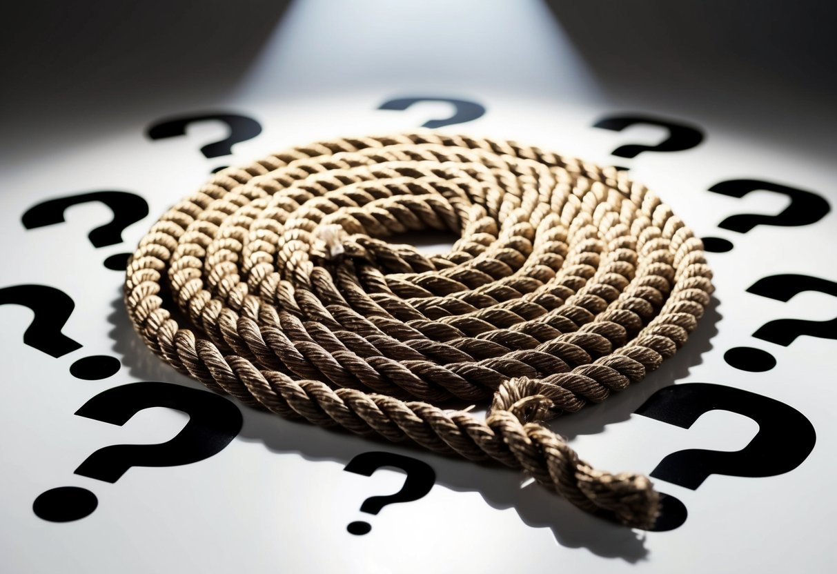 A coiled rope chain surrounded by question marks, with a spotlight shining on it from above