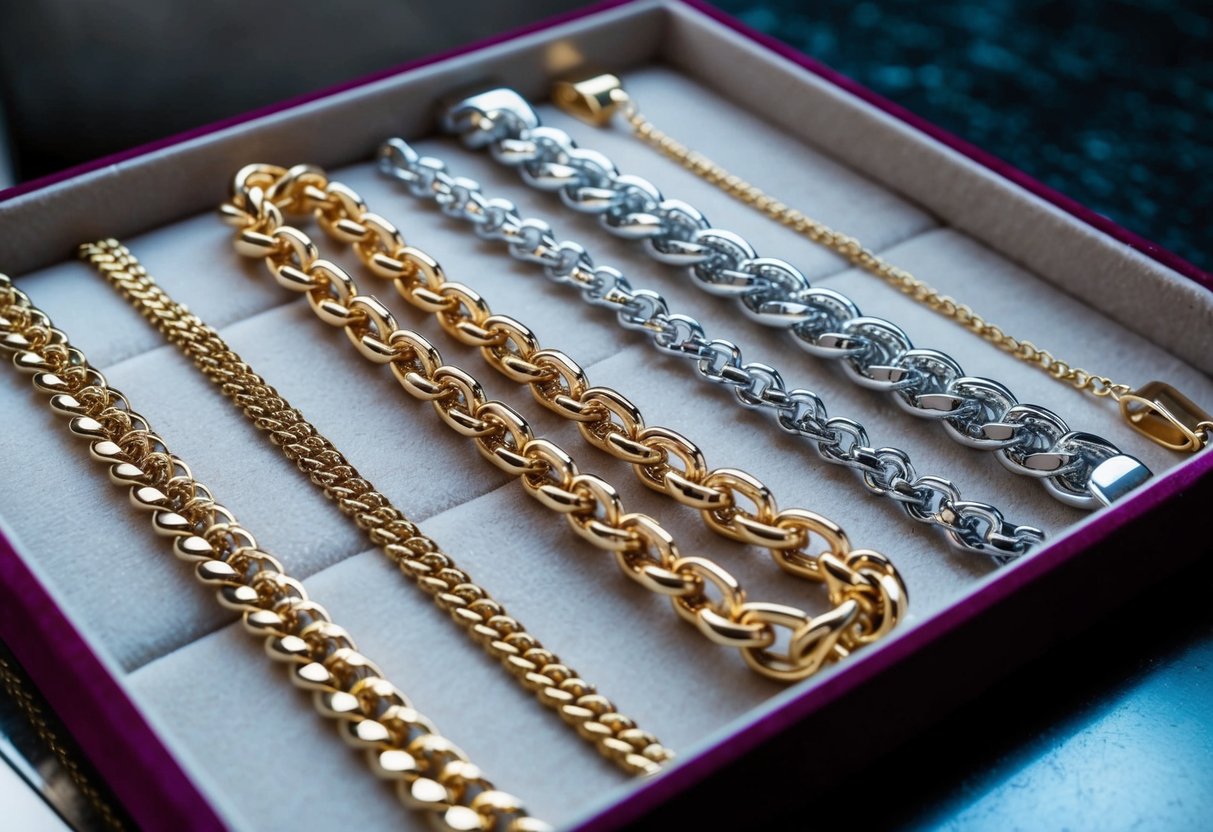 A collection of unique custom chains displayed on a velvet-lined jewelry tray, catching the light and casting intricate shadows