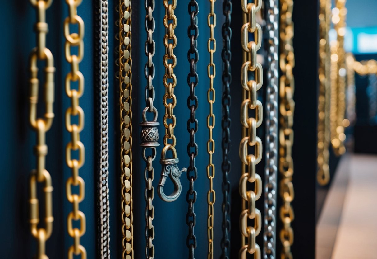 A collection of custom chains spanning different eras, from ancient civilizations to modern times, displayed in a museum exhibit