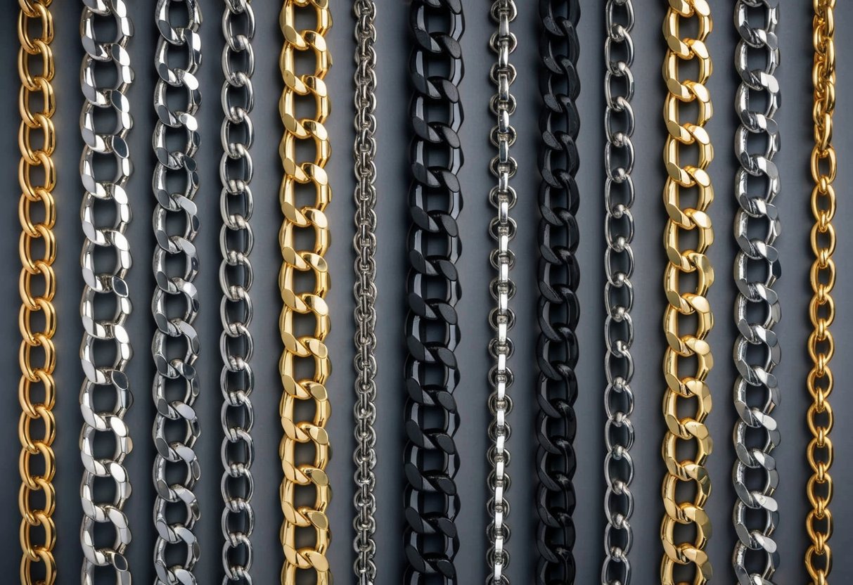 A collection of custom chains arranged in a balanced and visually appealing manner, showcasing various design principles such as symmetry, contrast, and rhythm