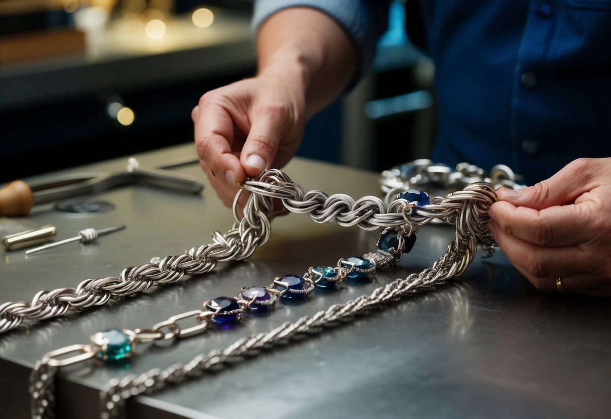 A jeweler meticulously crafts a custom chain, intricately weaving together various metals and gemstones with precision and skill