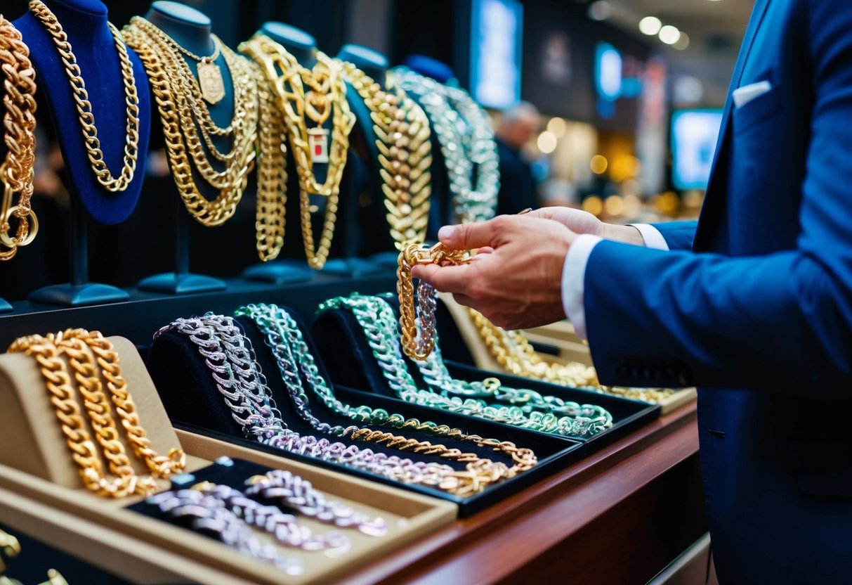 A customer selecting and purchasing custom chains from a display of various designs and styles