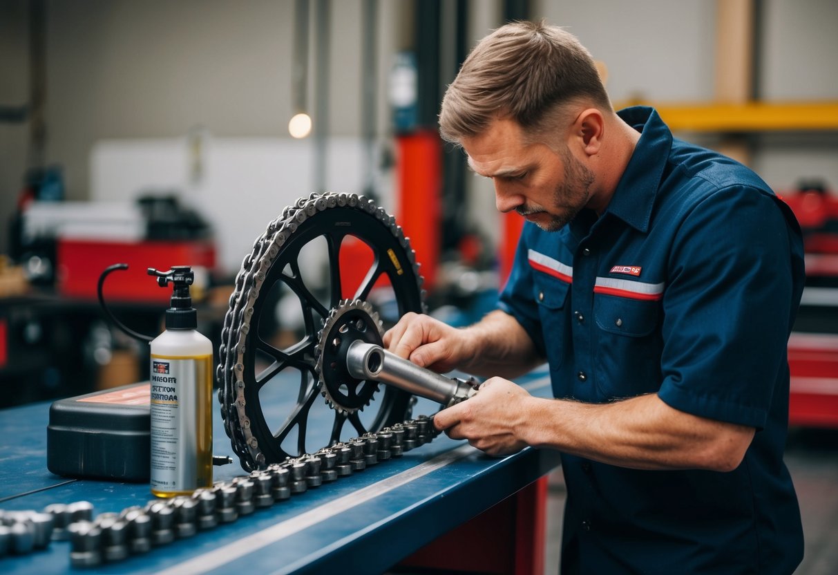 A mechanic carefully oils and inspects a custom chain on a workbench