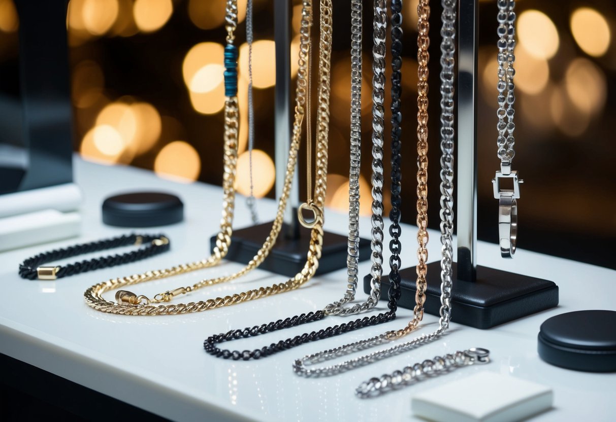 A collection of custom chains in various styles and materials, displayed on a sleek, modern jewelry stand