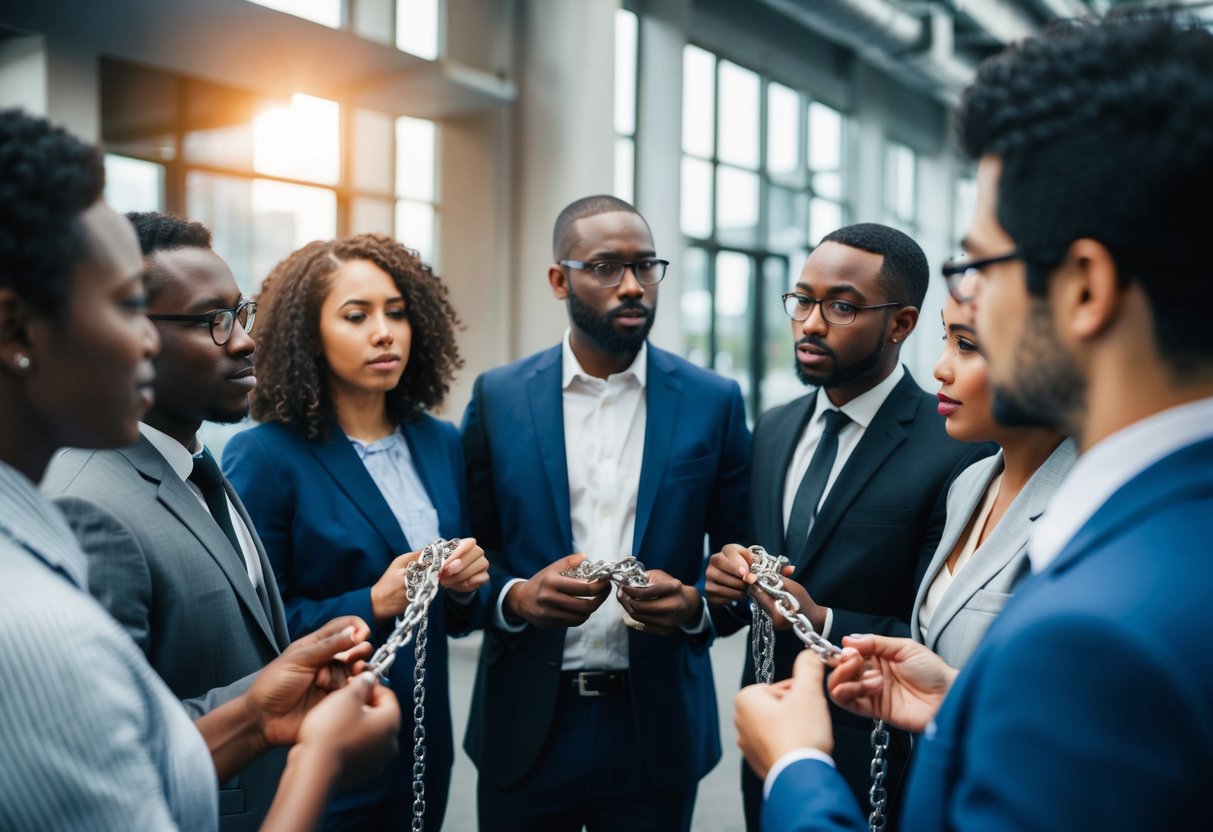 A group of diverse people discussing ethical considerations while holding custom chains