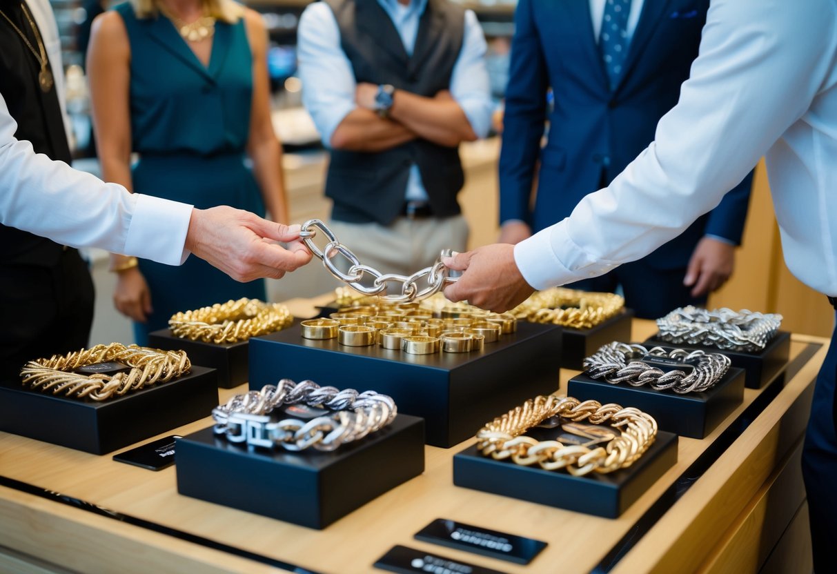 A table with various custom chains on display, surrounded by customers asking questions to a knowledgeable salesperson