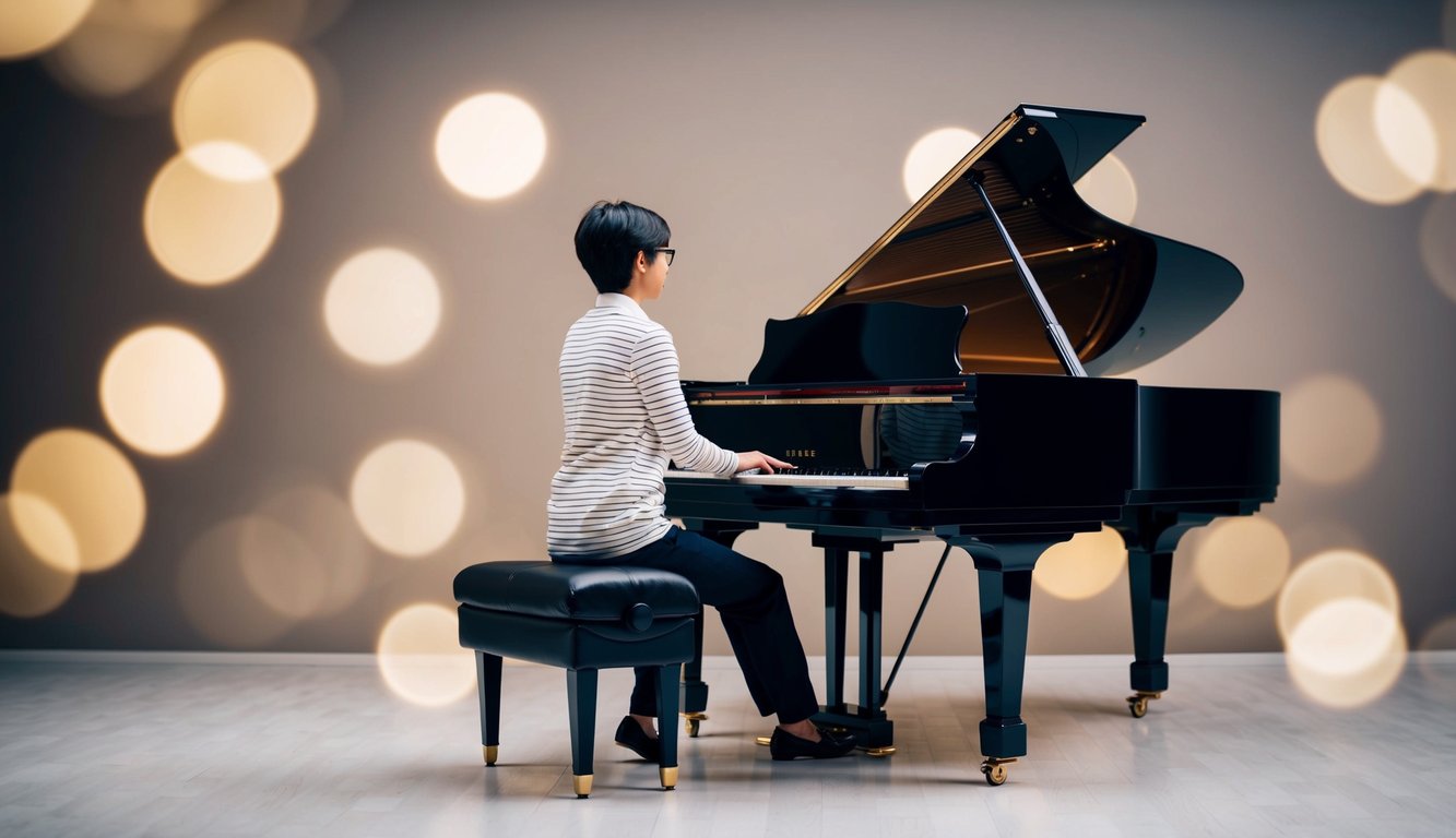 A person sitting at a piano with proper posture, feet flat on the floor, back straight, and arms relaxed at their sides