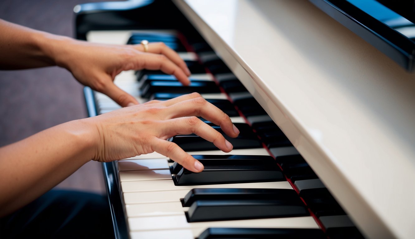 A pair of hands positioned on a piano, fingers poised to strike the keys with precision. The posture is correct, with the wrists comfortably resting below the level of the keys