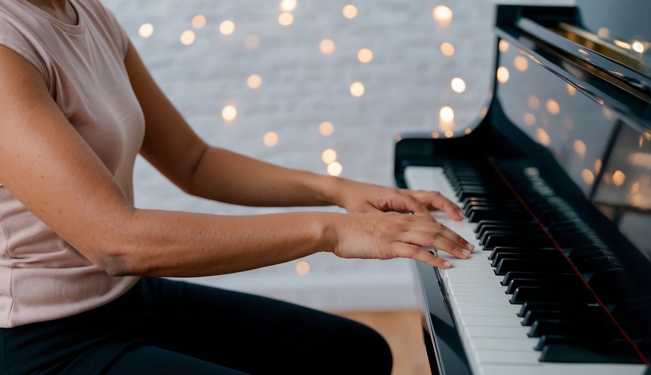 A person sits at a piano, with a relaxed posture and proper hand positioning. The focus is on the technique and the importance of relaxation