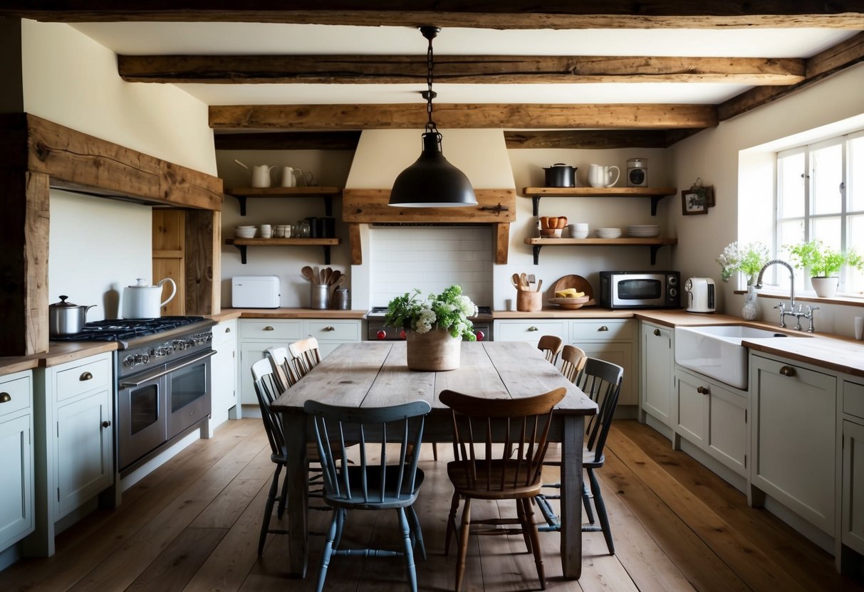 A cozy, rustic kitchen with exposed wooden beams, farmhouse sink, open shelves, and vintage-inspired appliances. A large, weathered dining table sits in the center, surrounded by mismatched chairs