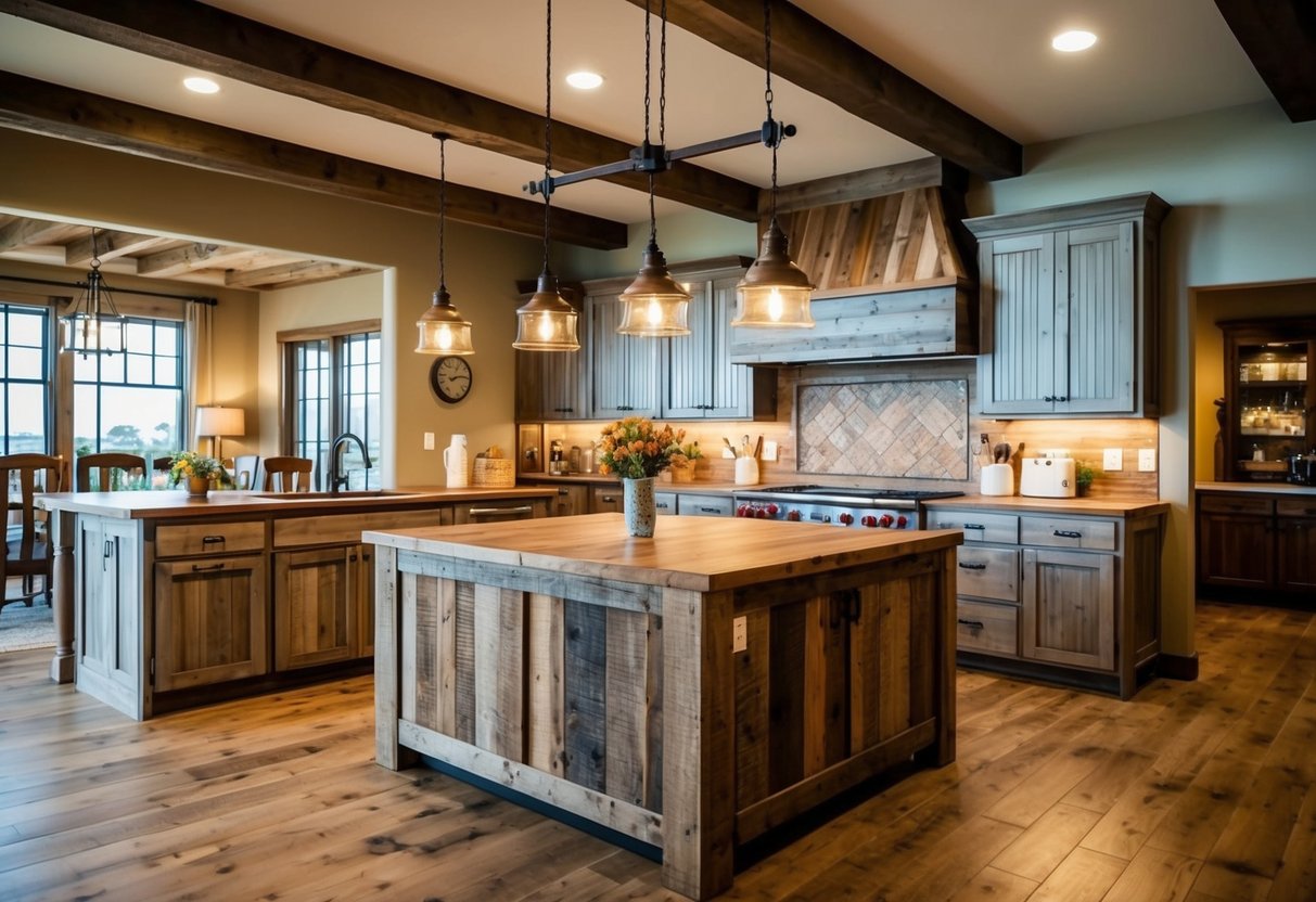 A spacious kitchen with a large reclaimed wood island as the focal point. Rustic decor and warm lighting create a cozy atmosphere