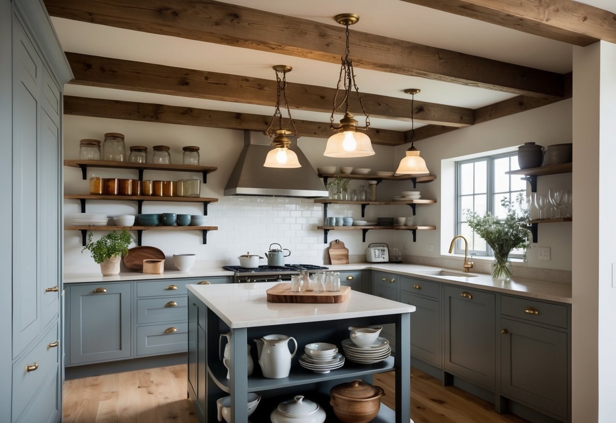 A cozy kitchen with exposed wooden beams, vintage pendant lights, and open shelving filled with rustic dinnerware and glass jars