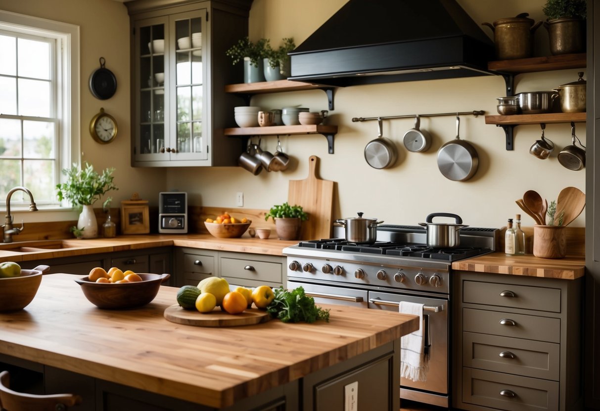 A cozy kitchen with warm-toned butcher block countertops, adorned with rustic decor and surrounded by vintage cookware and fresh produce