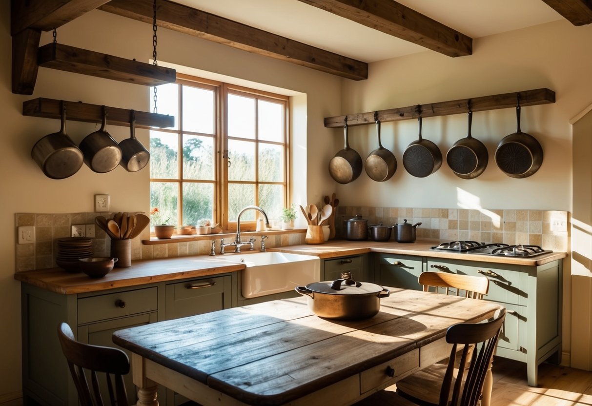 A cozy kitchen with wooden beams, hanging rustic pot racks, and vintage cookware. Sunlight streams in through the window, casting warm shadows on the worn, farmhouse-style table