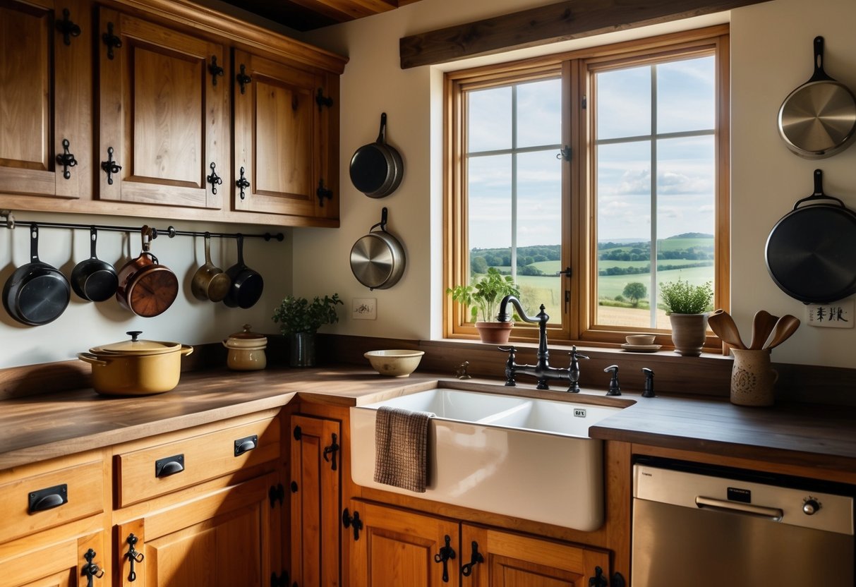 A rustic kitchen with 20 wrought iron handles on wooden cabinets, vintage cookware hanging on the wall, and a farmhouse sink with a view of the countryside