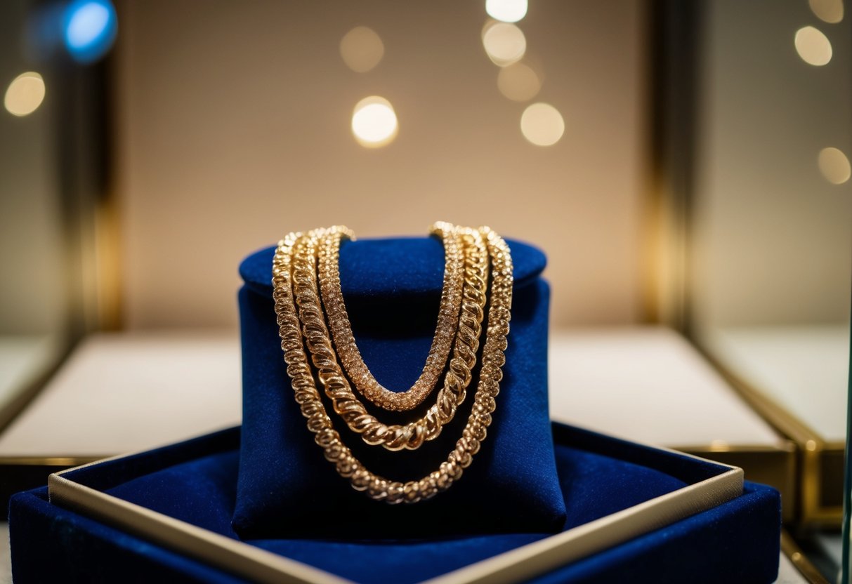 A shimmering gold vermeil necklace draped over a velvet jewelry box, catching the light in a luxurious display