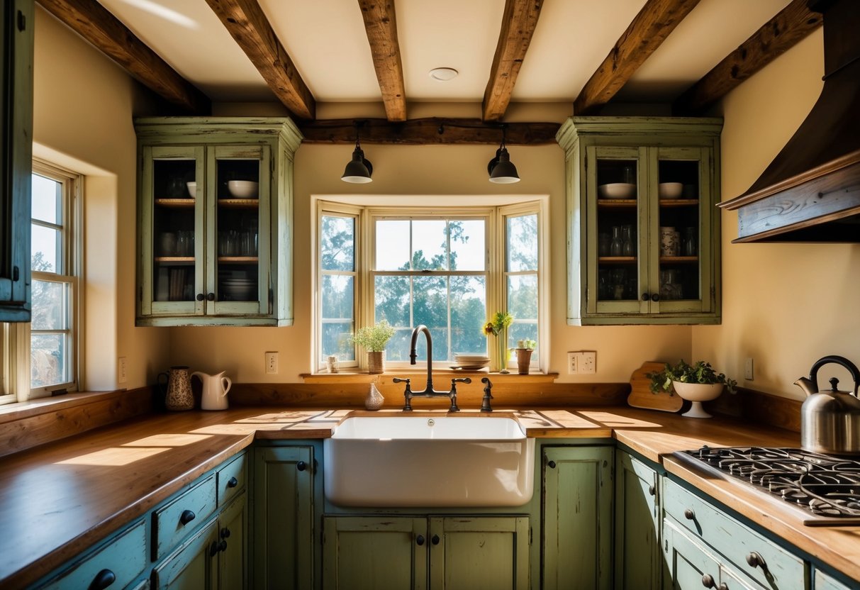 A cozy kitchen with distressed cabinets, exposed wood beams, and vintage decor. Sunlight streams through the window, casting warm shadows on the rustic countertops and farmhouse sink