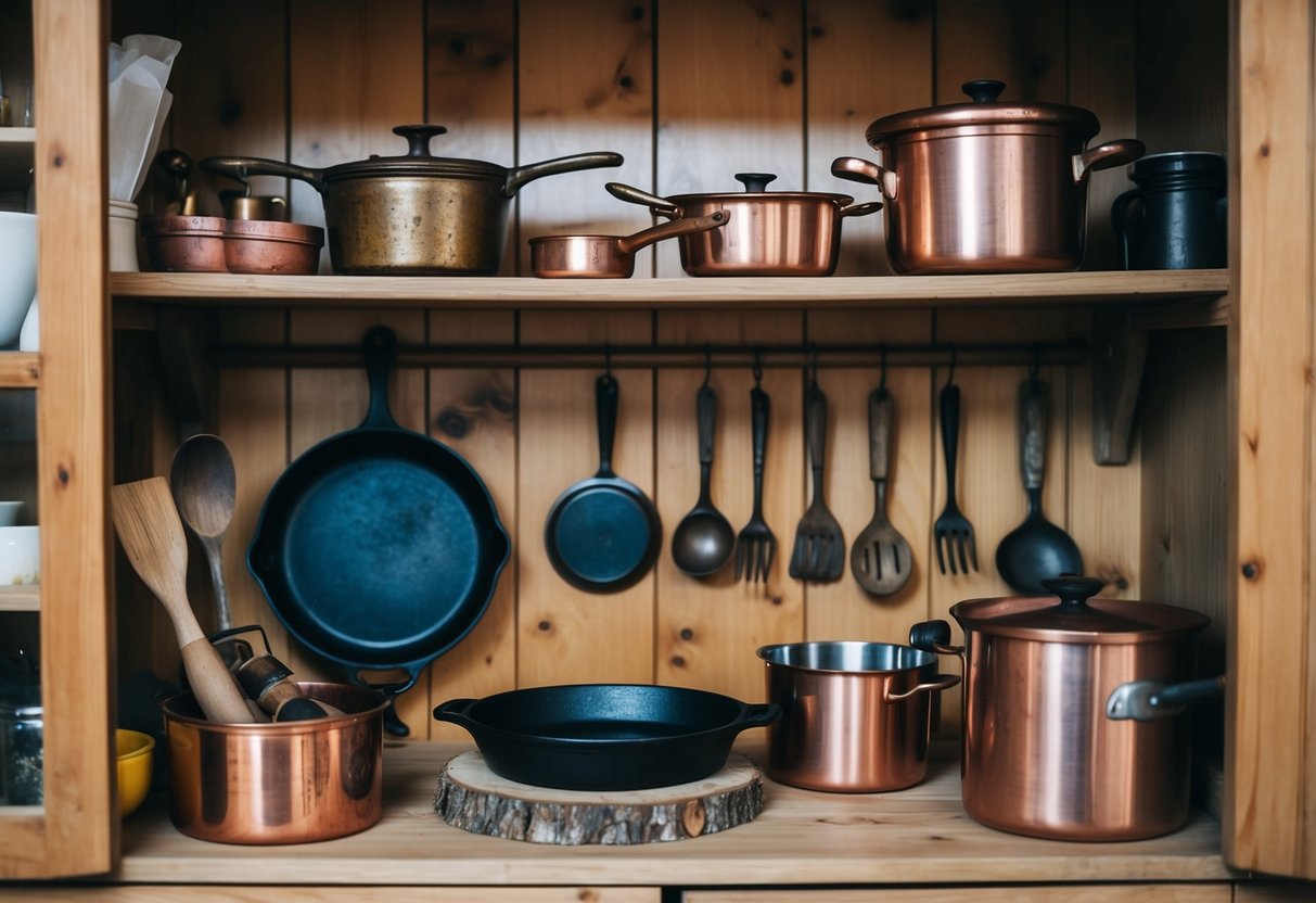 A cluttered wooden shelf displays antique kitchenware. A cast iron skillet, copper pots, and worn wooden utensils add rustic charm to the cozy kitchen