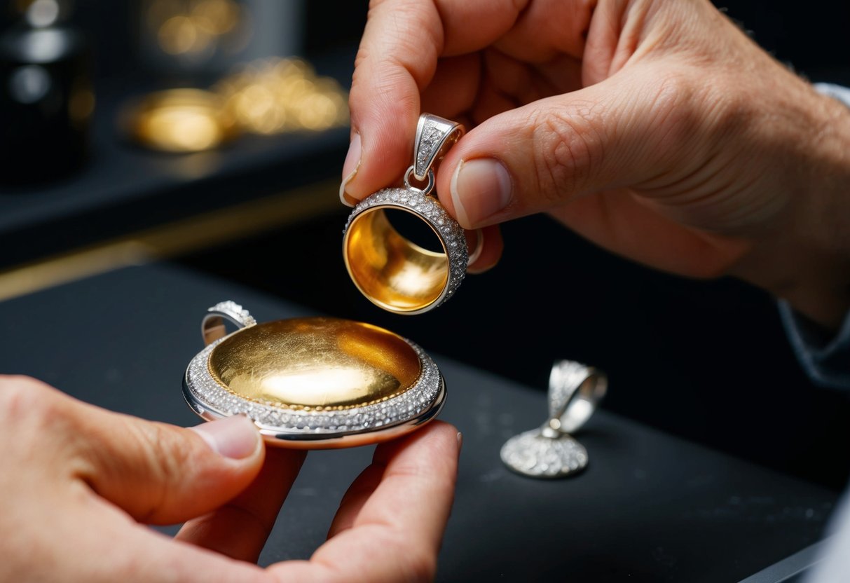 A jeweler carefully applies a layer of gold vermeil to a sterling silver pendant, creating a lustrous and luxurious finish