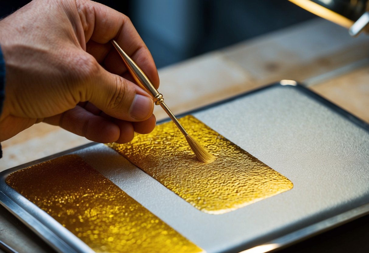 A craftsman carefully applies a layer of gold onto a silver surface, creating the luxurious finish known as gold vermeil