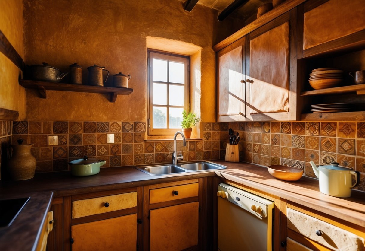 A rustic kitchen with handmade clay tiles, warm earthy tones, wooden accents, and vintage kitchenware. Sunlight streams in through a small window, casting soft shadows on the textured walls