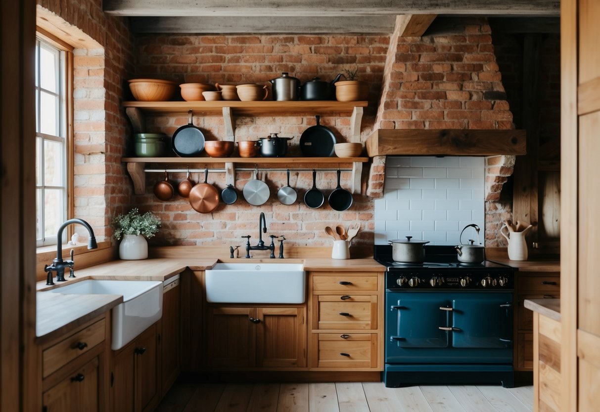 A cozy rustic kitchen with open brick walls, wooden shelves, hanging pots, and pans, a farmhouse sink, and a vintage stove