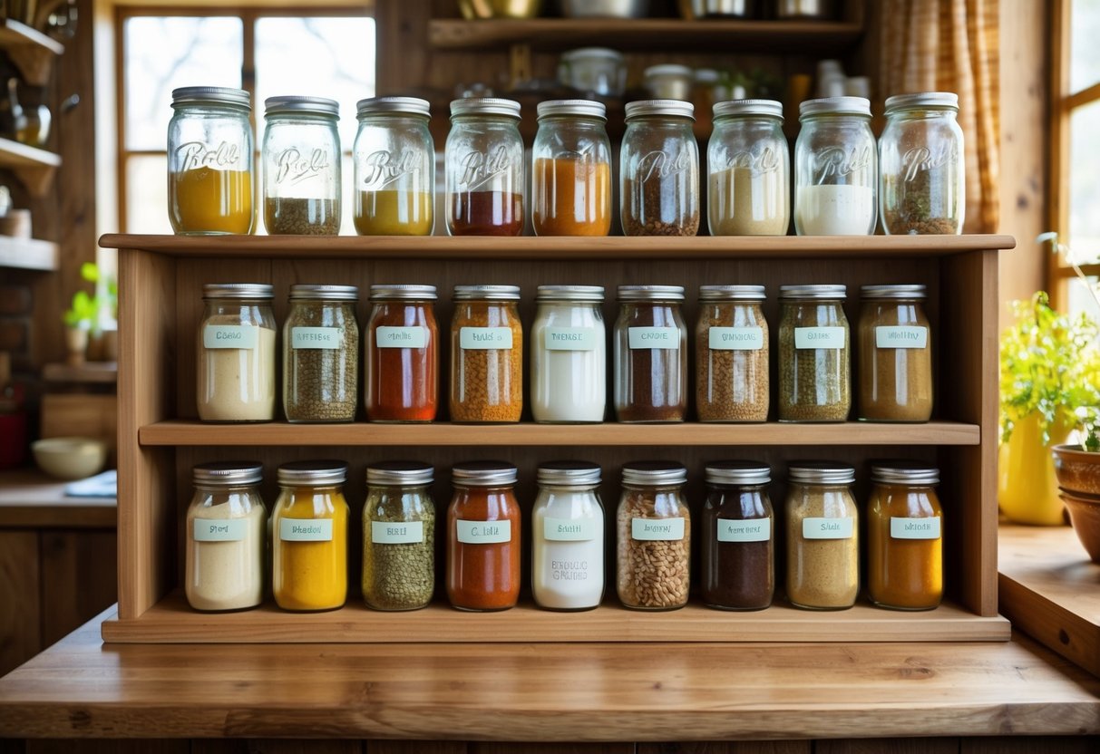 A wooden shelf holds 20 glass mason jars, each filled with colorful spices and ingredients. The rustic kitchen is warm and inviting, with vintage decor and natural light streaming in