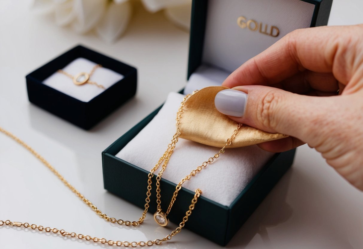 A gold vermeil necklace being gently polished with a soft cloth, with a small jewelry box in the background