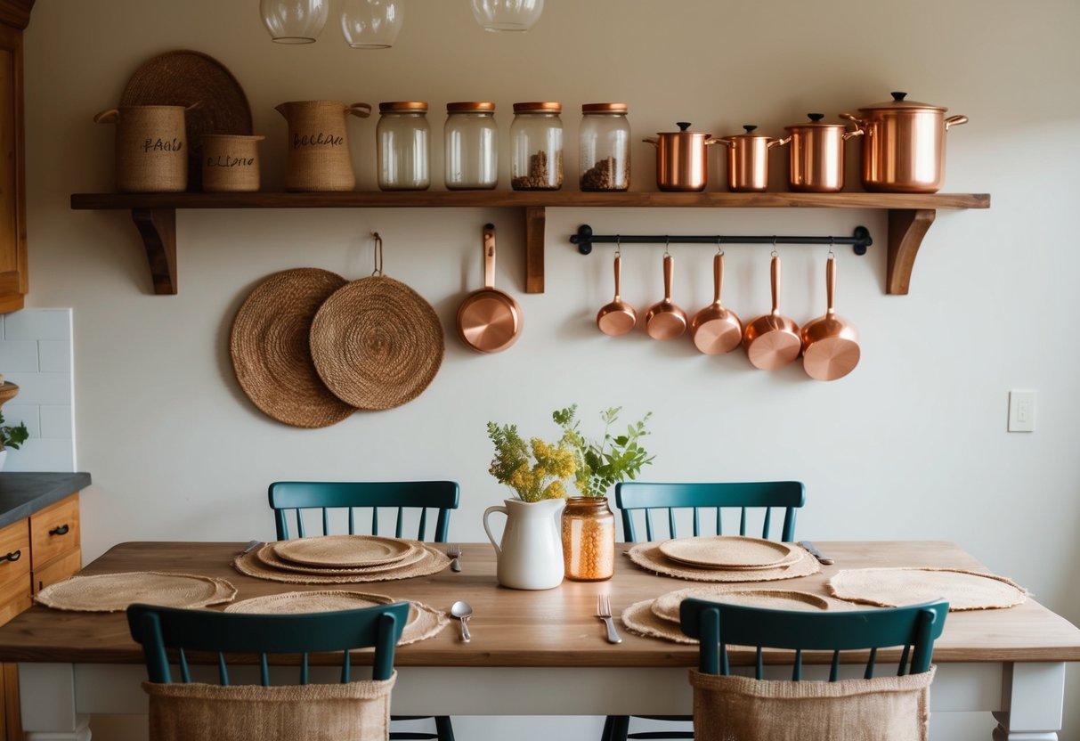 A cozy kitchen with burlap accents: woven placemats, hanging pot holders, and chair cushions. Wooden shelves hold mason jars and copper cookware