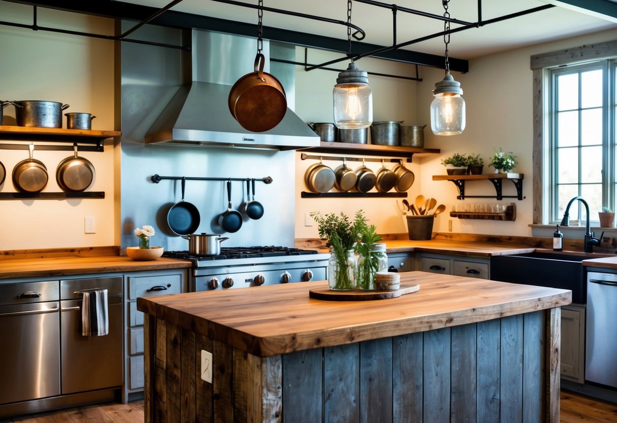 A farmhouse kitchen with galvanized steel fixtures, wooden countertops, and hanging pots and pans. Rustic decor includes mason jar lighting and distressed wood accents