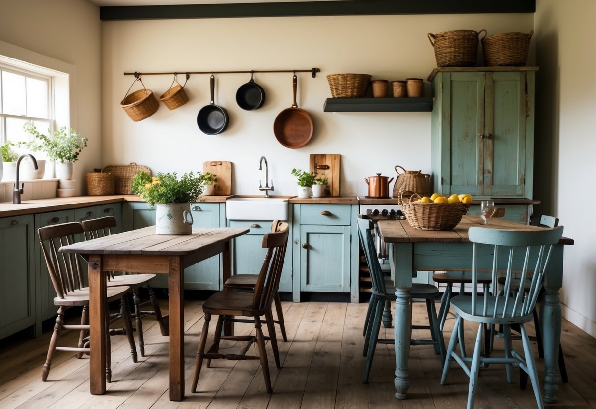 A cozy kitchen with repurposed furniture, featuring wooden tables, vintage chairs, and distressed cabinets. Rustic decor includes hanging pots, woven baskets, and mason jar storage