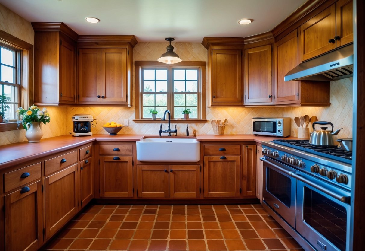 A cozy, rustic kitchen with terracotta flooring, adorned with warm-toned wooden cabinets, a farmhouse sink, and vintage-inspired appliances