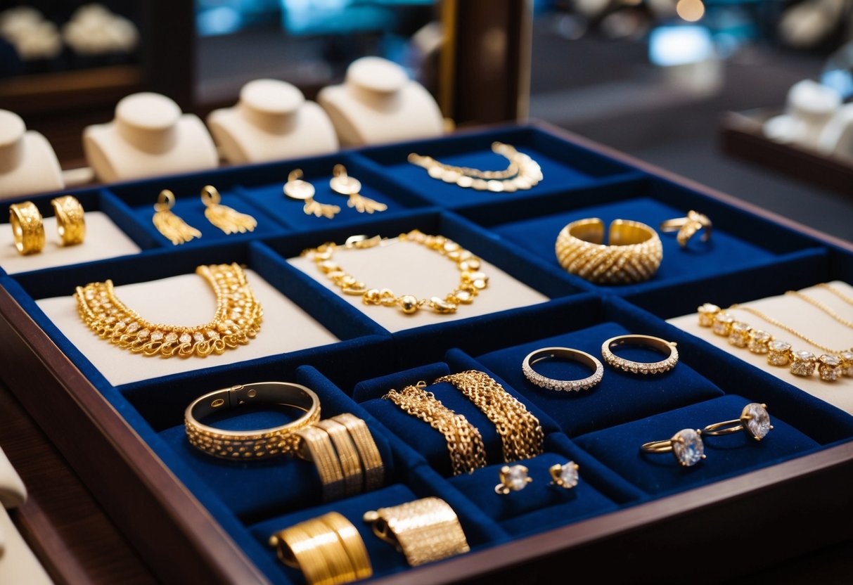 A display of gold vermeil jewelry designs and styles, including necklaces, bracelets, earrings, and rings, arranged on a velvet-lined tray