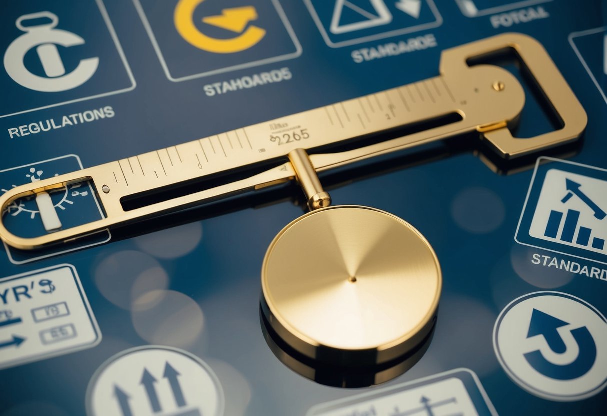 A scale measuring tool with a gold vermeil finish, surrounded by various regulations and standards symbols and icons