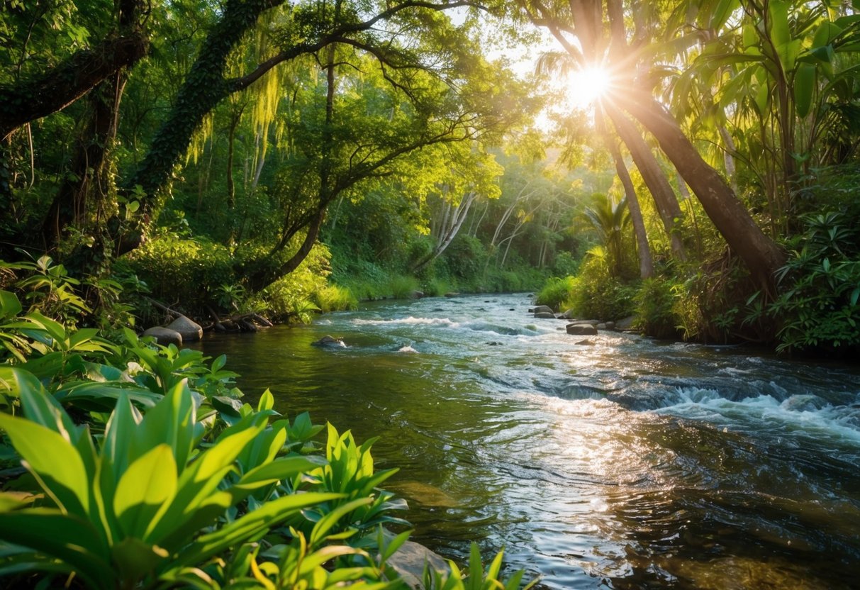 A lush green forest with a sparkling river, surrounded by wildlife and vibrant plant life. The sun shines down, casting a golden glow on the scene