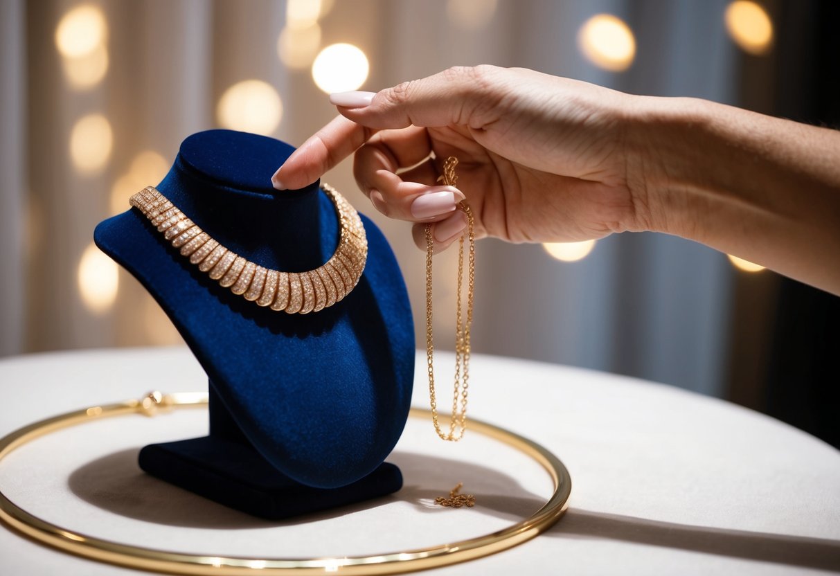 A hand reaching for a shimmering gold vermeil necklace displayed on a velvet jewelry stand, surrounded by soft lighting and a luxurious backdrop