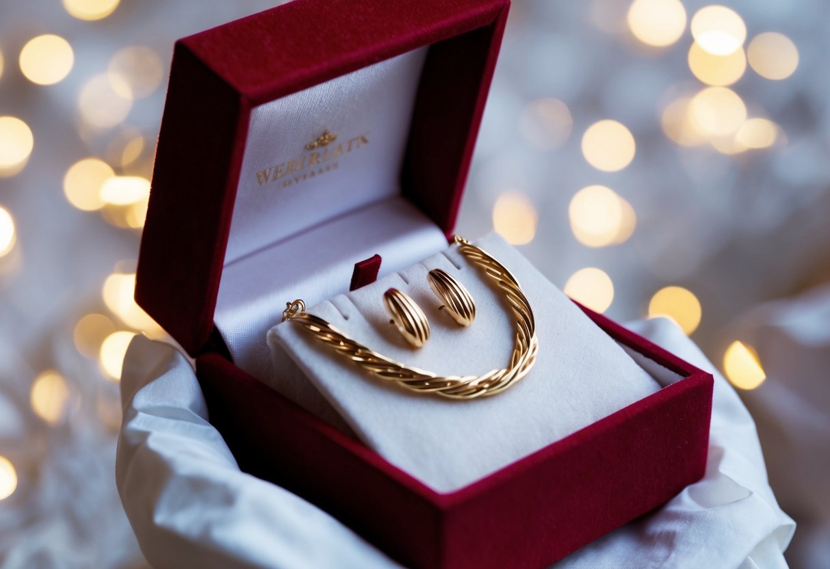 A velvet-lined jewelry box holds a gleaming gold vermeil necklace and earrings, carefully wrapped in soft tissue paper