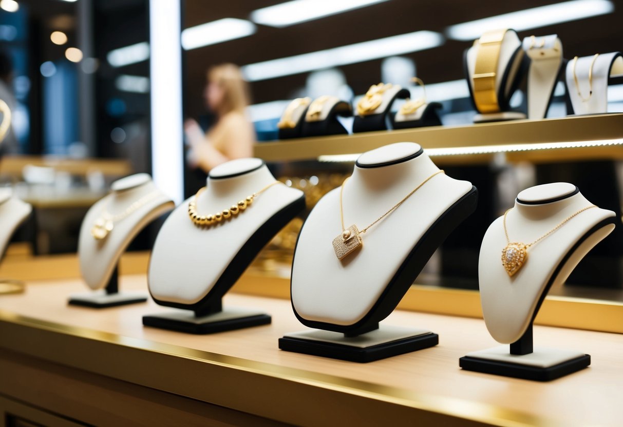 A display of gold vermeil jewelry in a trendy market setting, with modern and minimalist design elements to appeal to consumer preferences