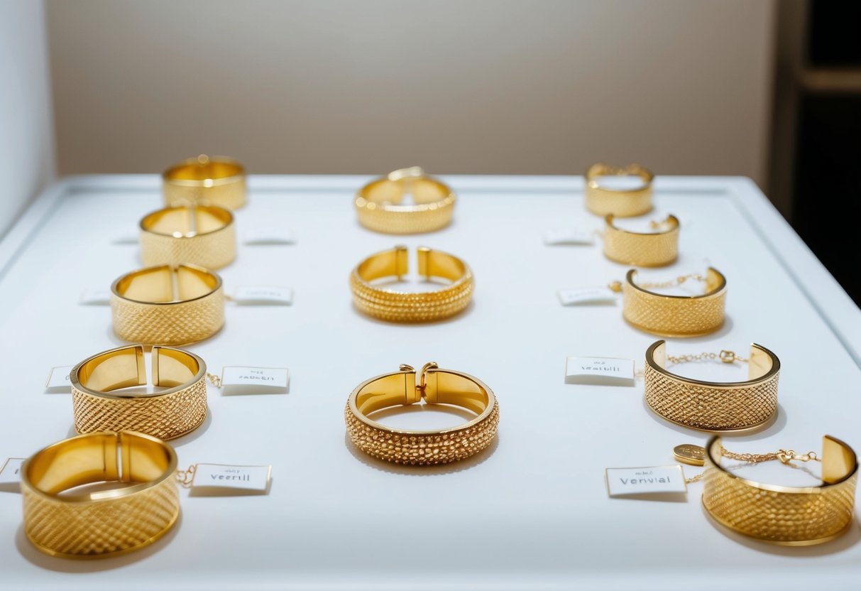 A collection of gold vermeil jewelry displayed on a clean, white surface under bright lighting. Each piece is neatly arranged and labeled with a small, elegant tag