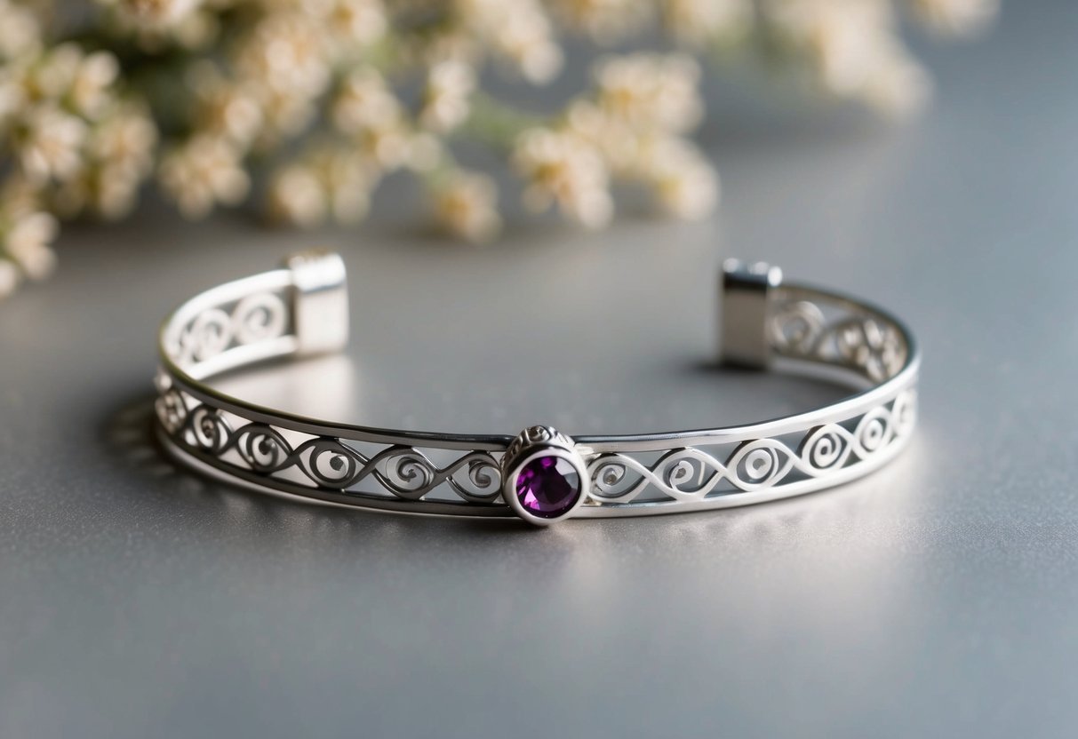 A delicate silver bracelet adorned with a single birthstone charm, nestled among intricate filigree designs