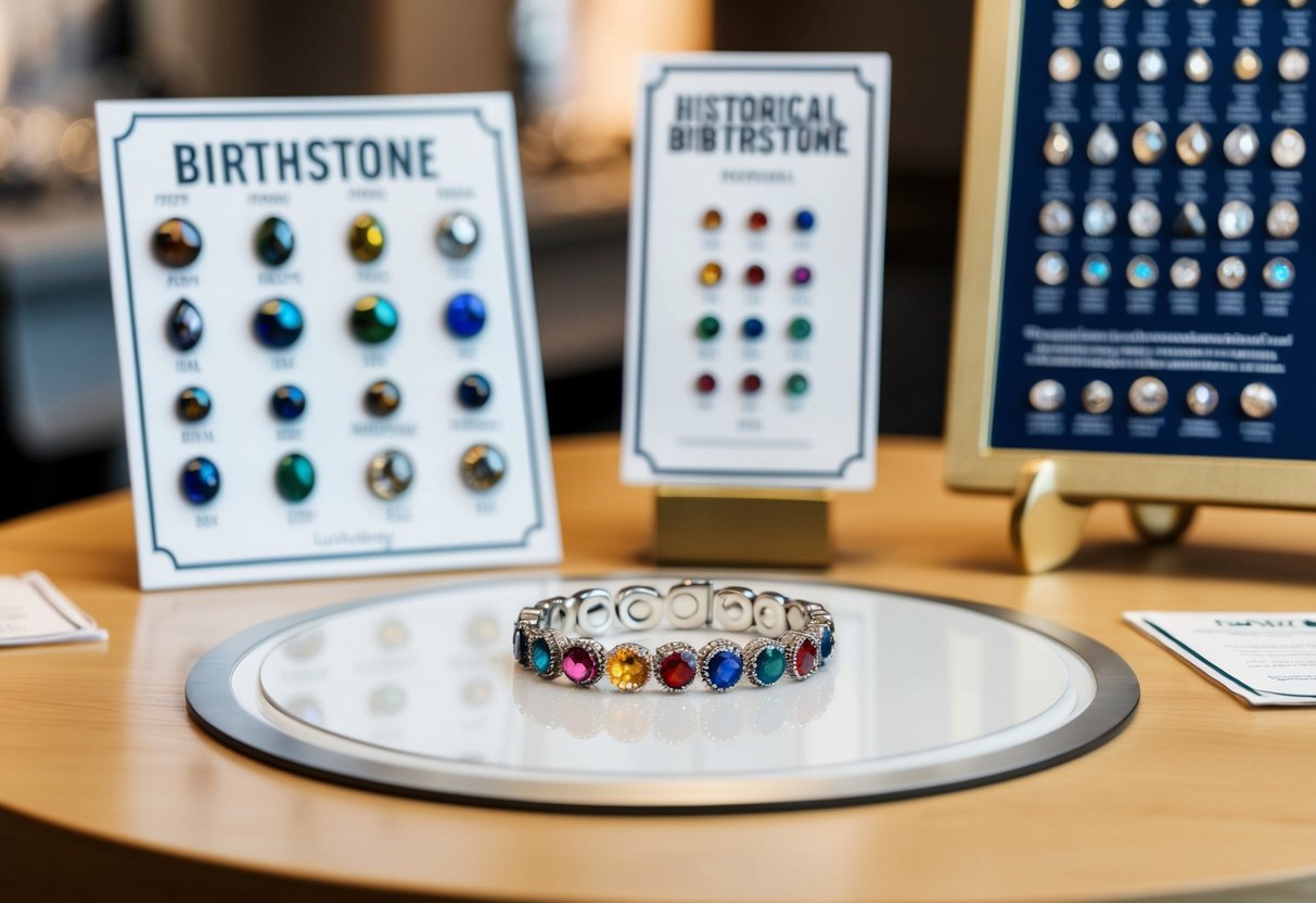 A table with birthstone jewelry, a personalized bracelet with multiple gemstones, a display of historical birthstone information