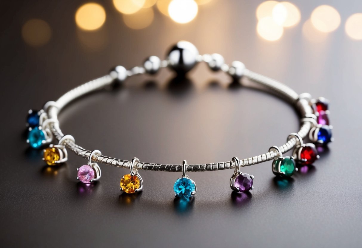 A delicate silver bracelet adorned with colorful birthstone charms, each representing a different month, glistens in the soft light, creating a beautiful and personalized piece of jewelry