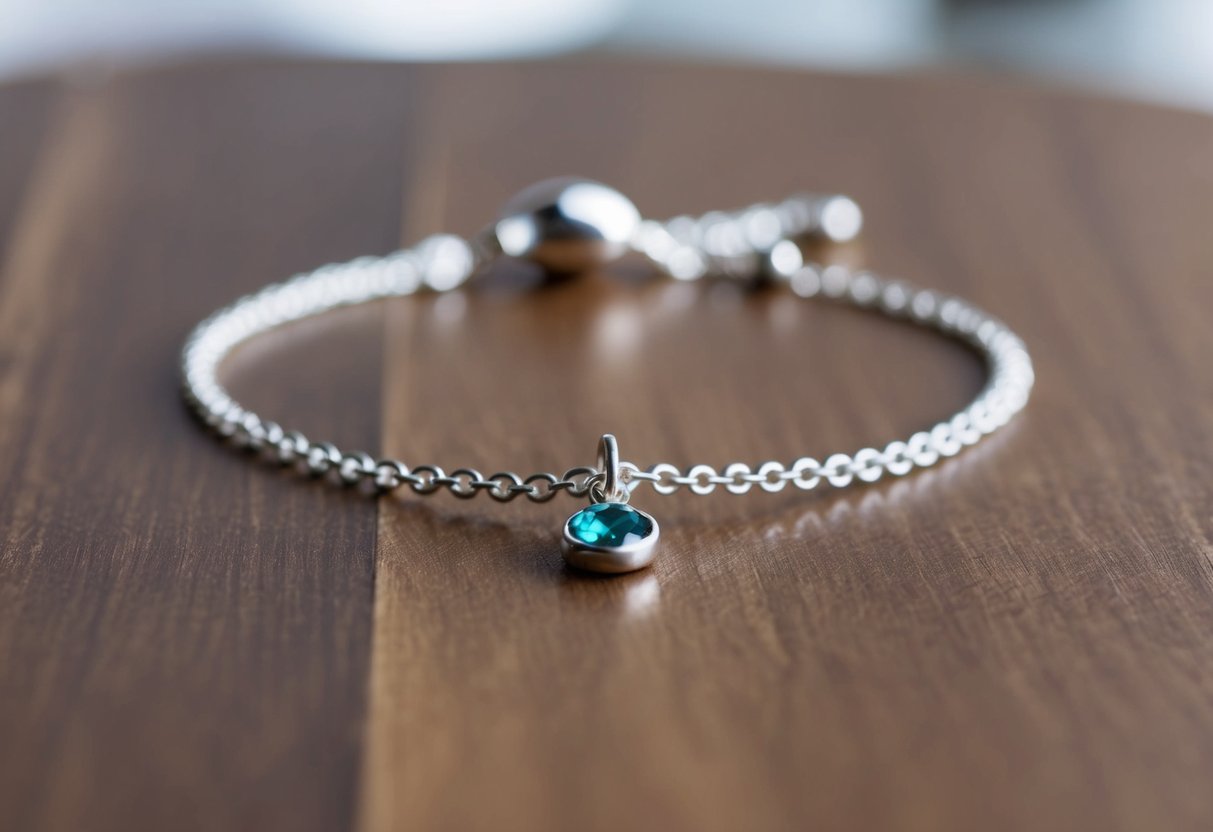 A delicate bracelet with a chain and a small charm in the shape of a birthstone, hanging from the center. The birthstone changes depending on the month, and the bracelet is customizable