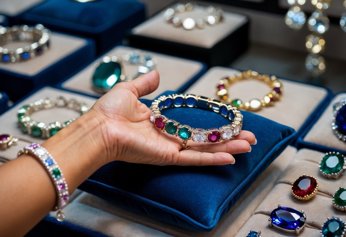 A hand reaches for a sparkling birthstone bracelet surrounded by various gemstones, displayed on a velvet cushion in a jewelry store