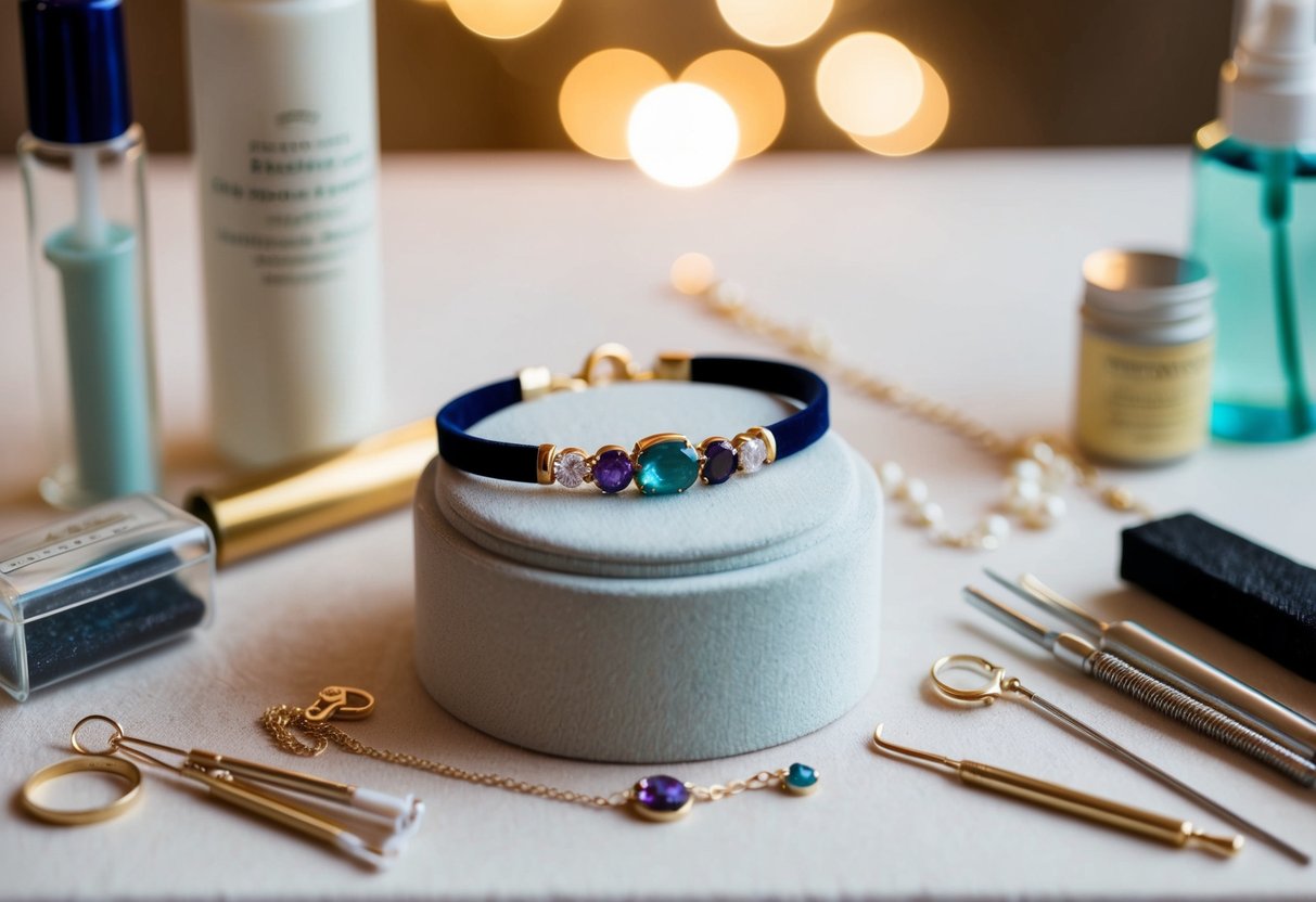 A handcrafted birthstone bracelet sits on a velvet display stand, surrounded by delicate jewelry tools and cleaning supplies