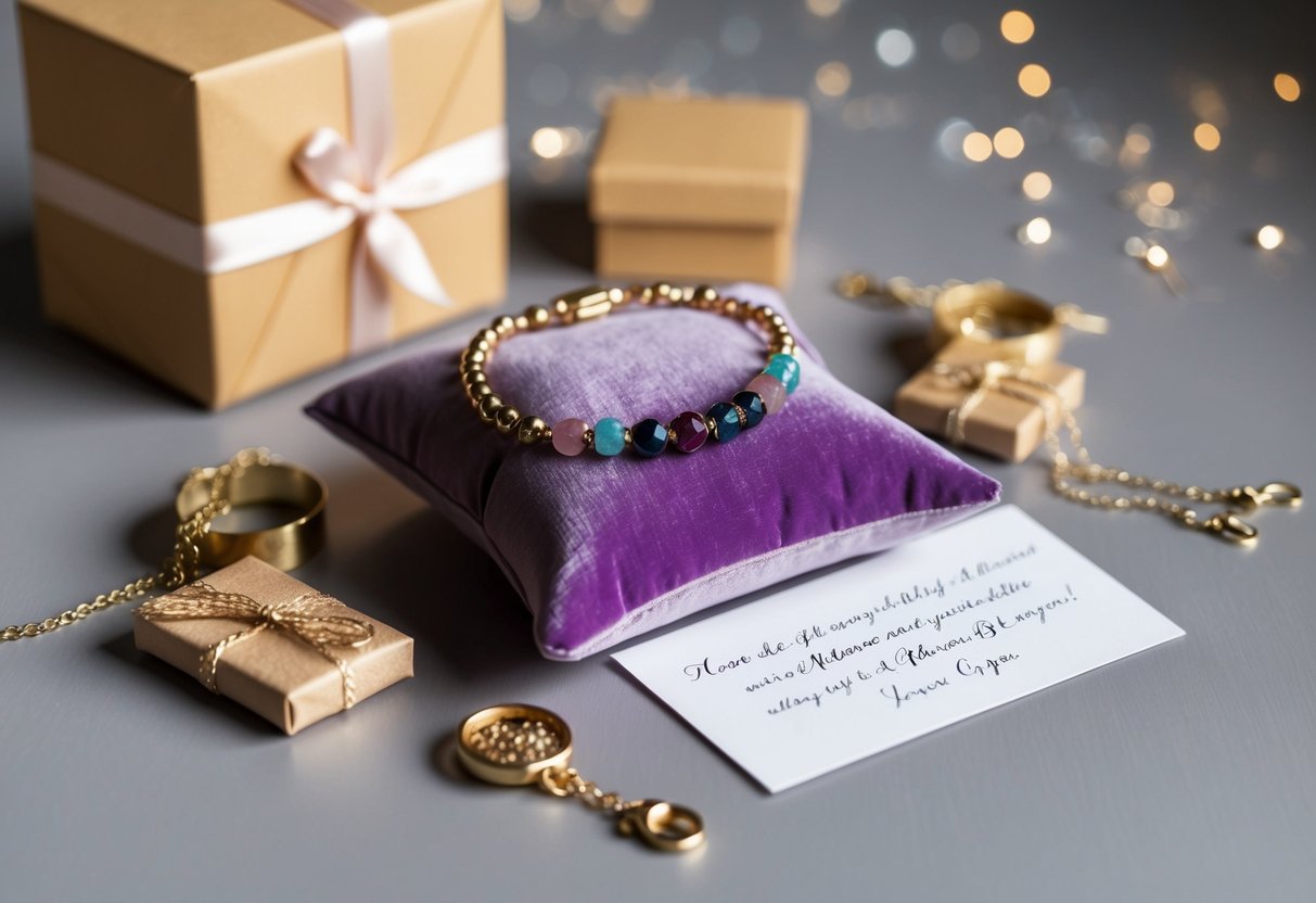 A handcrafted birthstone bracelet displayed on a velvet cushion, surrounded by delicate packaging and a personalized note