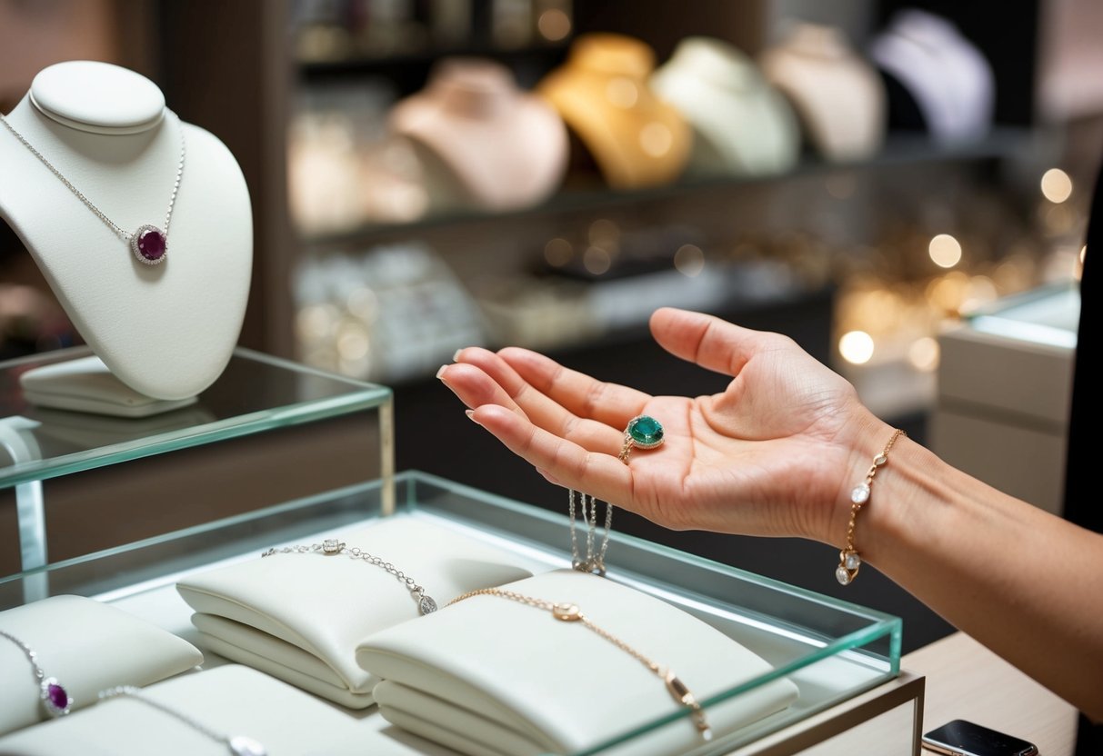 A hand reaches out to select a birthstone bracelet from a display of personalized jewelry in a boutique. The bracelet features a delicate chain and a single sparkling birthstone charm